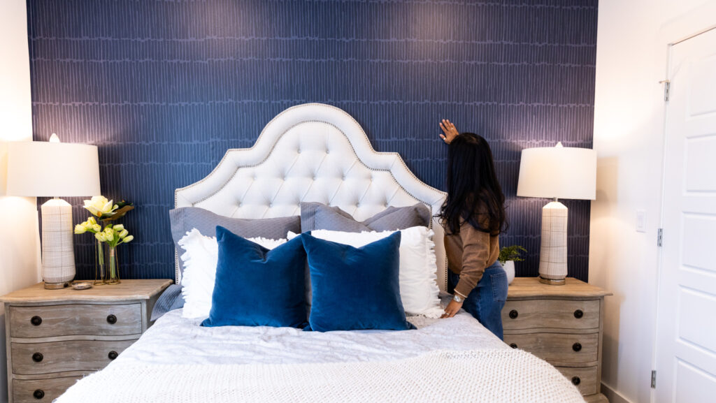 blue peel and stick wallpaper in a bedroom