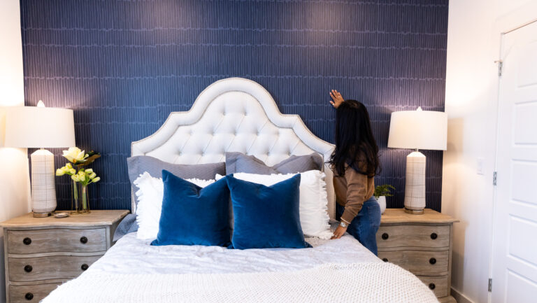 blue peel and stick wallpaper in a bedroom