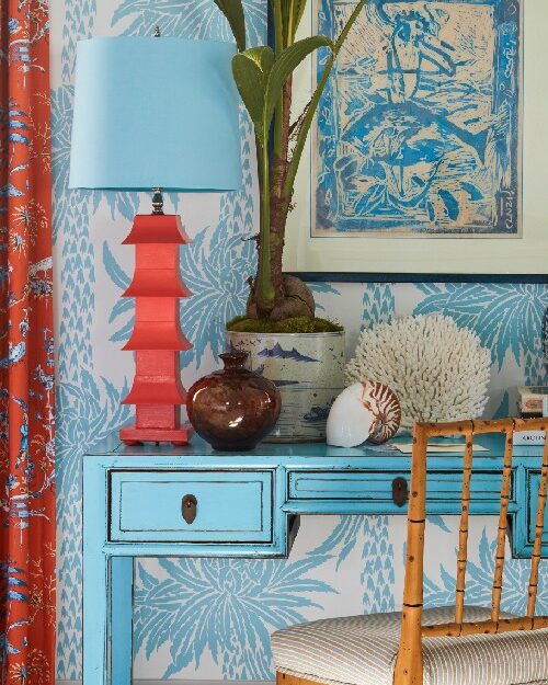 patterned drenched blue and red home office