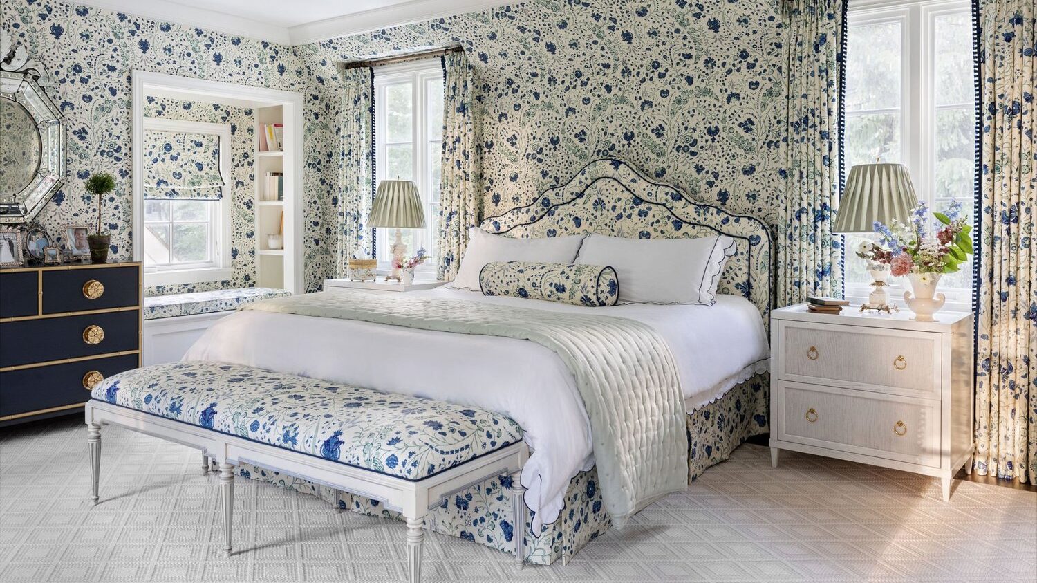 patterned drenched blue and white bedroom