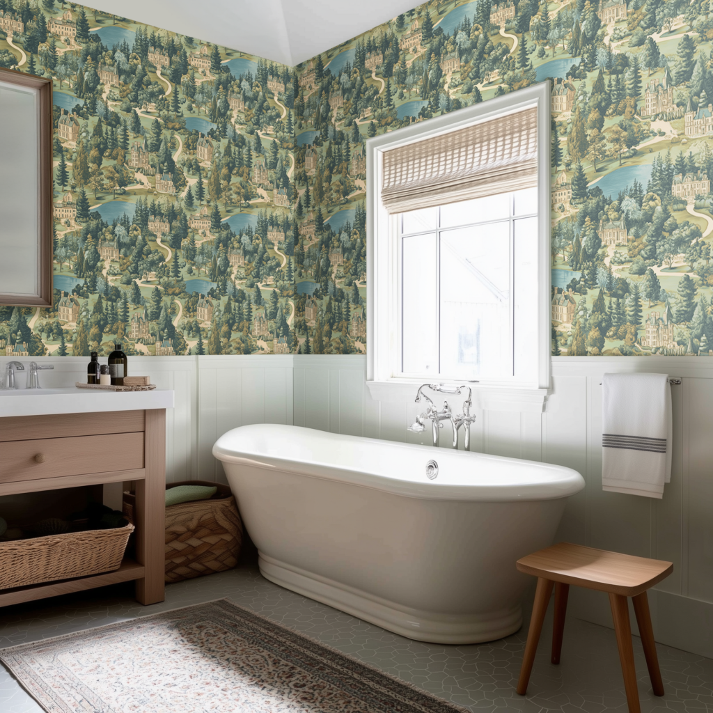 vintage inspired bathroom with wallpaper featuring the English countryside