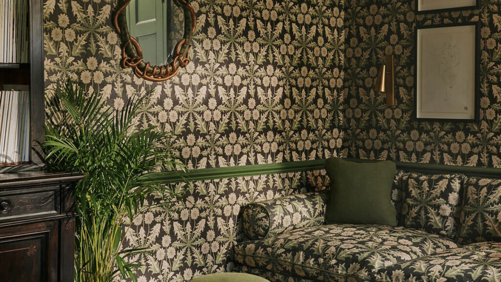 green patterned drenched sitting room