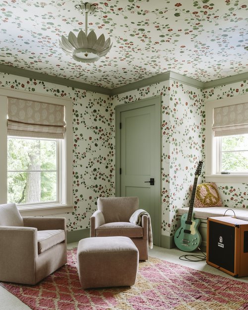 pattern drenched pink and green floral sitting room