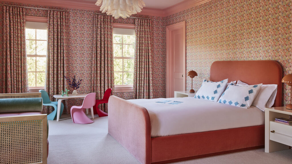 pattern drenched pink and red bedroom