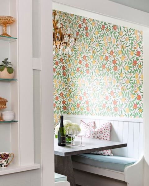 green floral wallpaper in breakfast nook