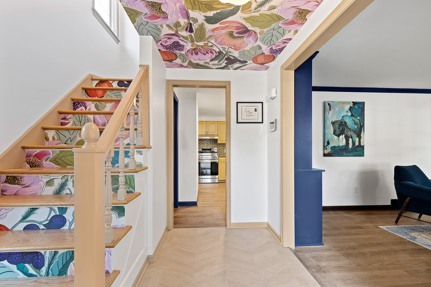 floral wallpapered stairs