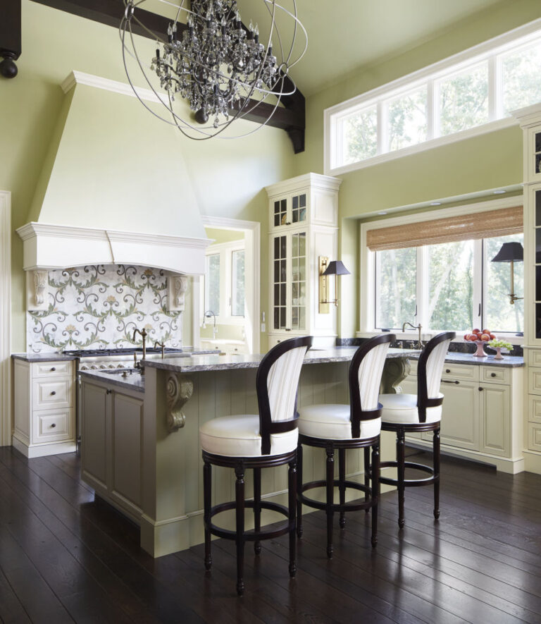 Green, black, and white kitchen
