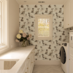 dog wallpaper in white laundry room