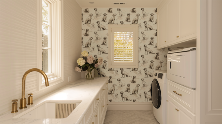 dog wallpaper in white laundry room