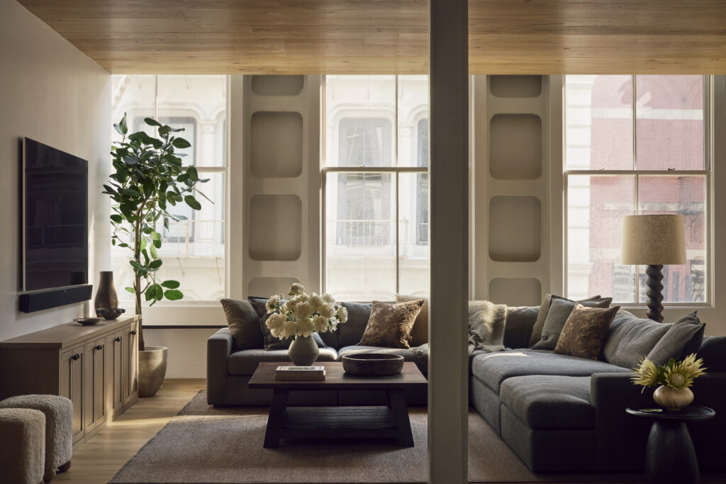 Comfortable living room with large windows