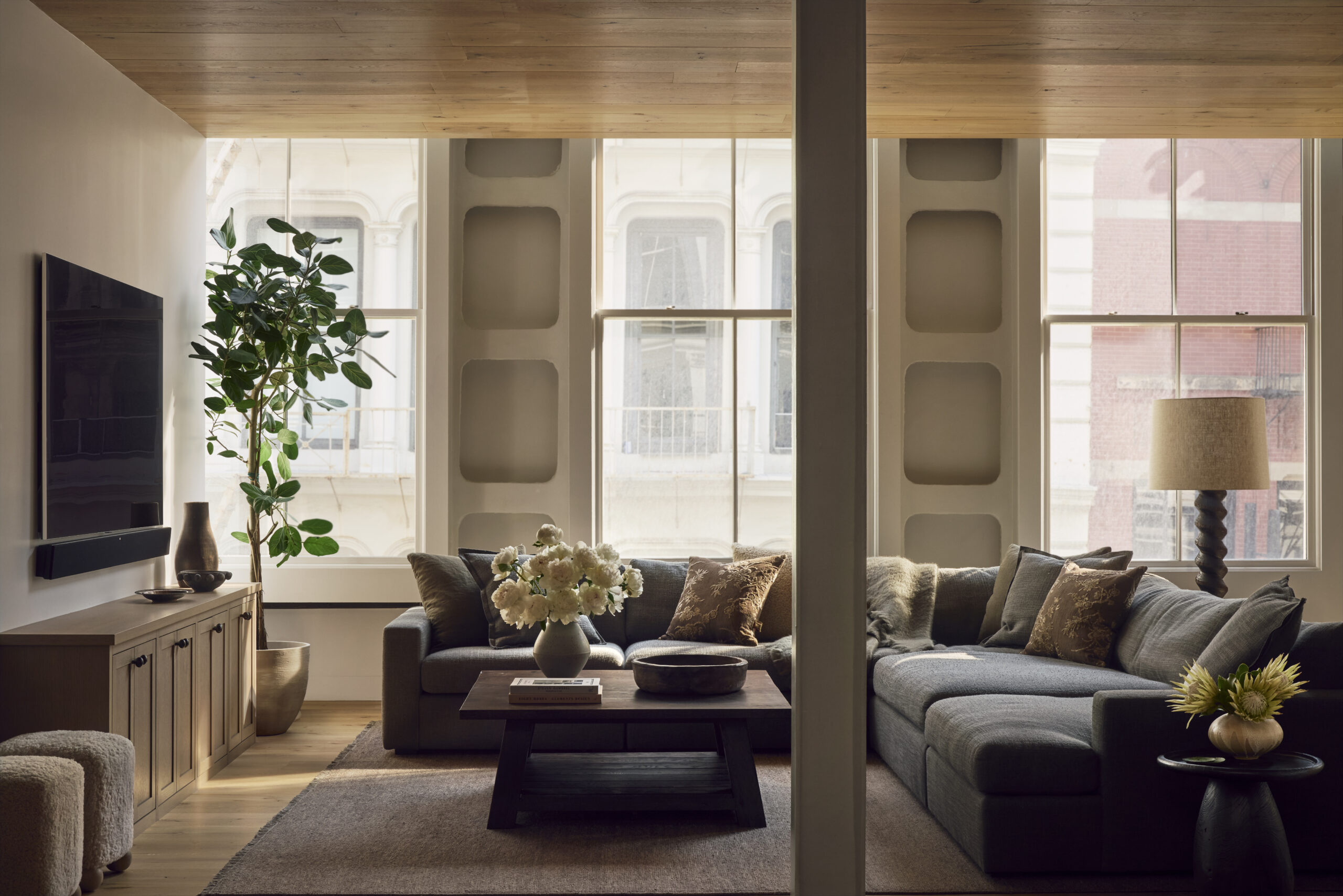 Comfortable living room with large windows