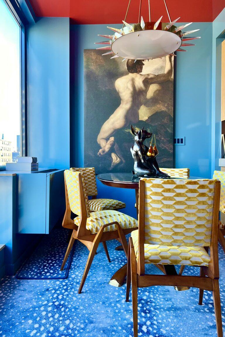 Blue color drenched dining room