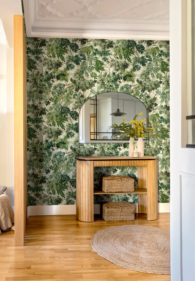 greenery wallpaper from Isidore Leroy in an entryway