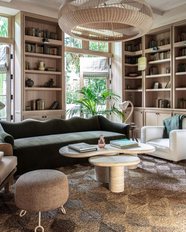 Living room with dark couch and built in shelves