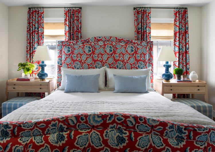red and pale blue floral bedroom