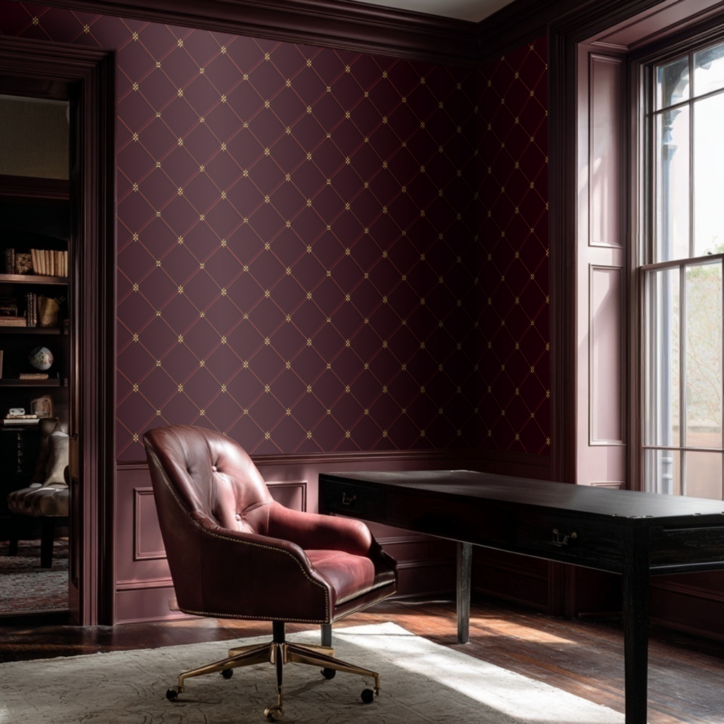 burgundy wallpaper in a home office