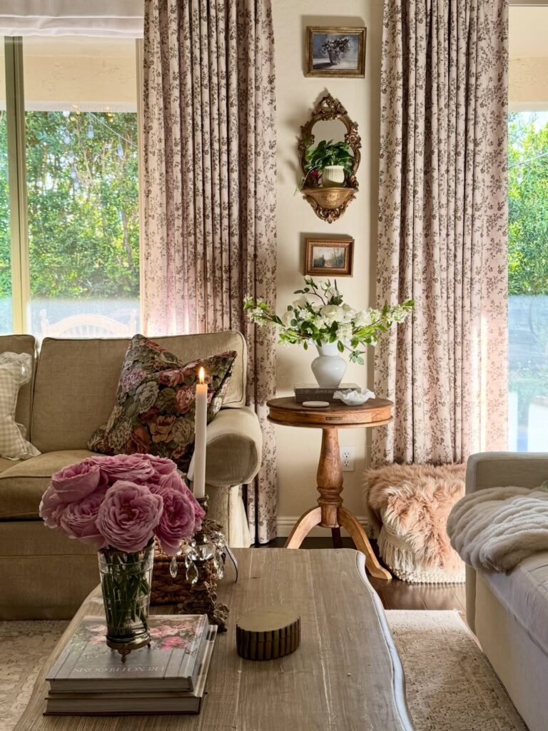 Light purple patterned curtains in a living room