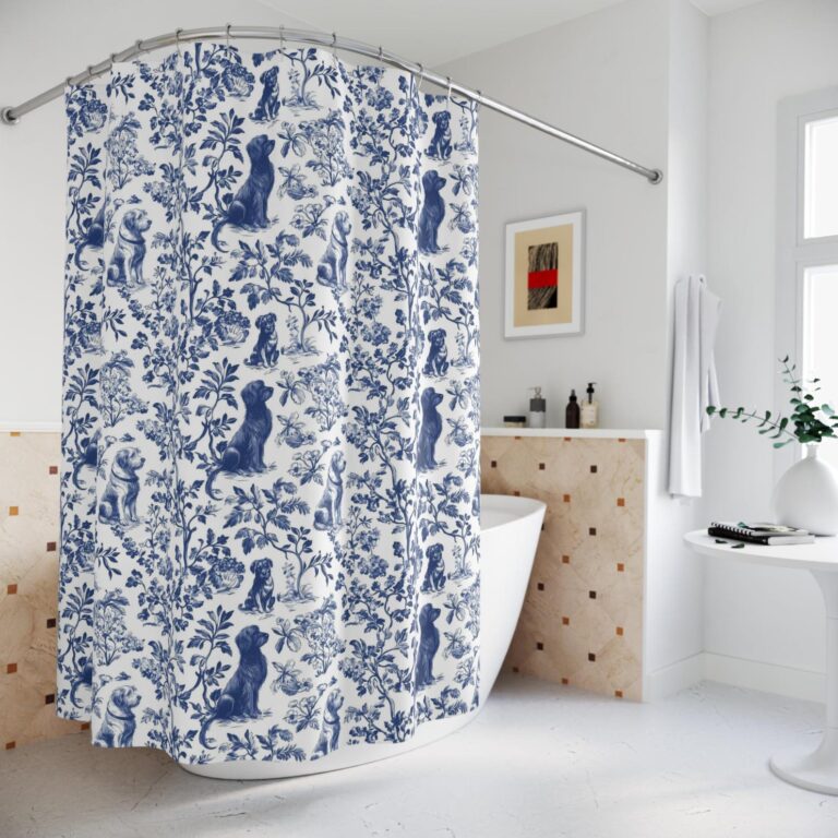 Etsy toile dog shower curtain in a bathroom