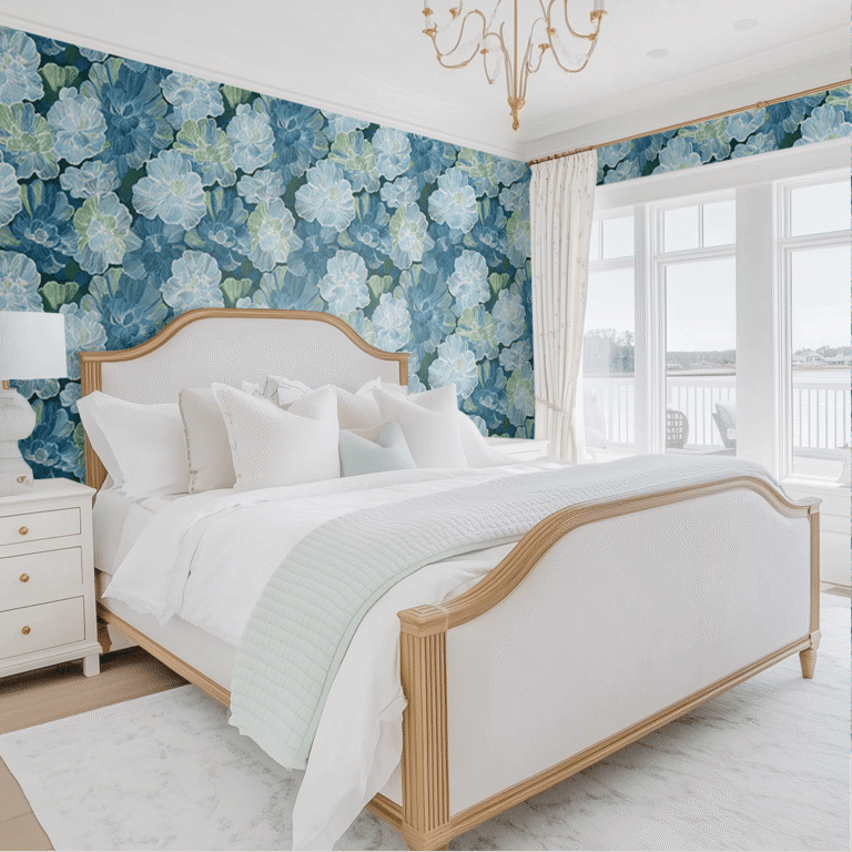 Bold blue oversized floral wallpaper from Lemon Park behind a bed