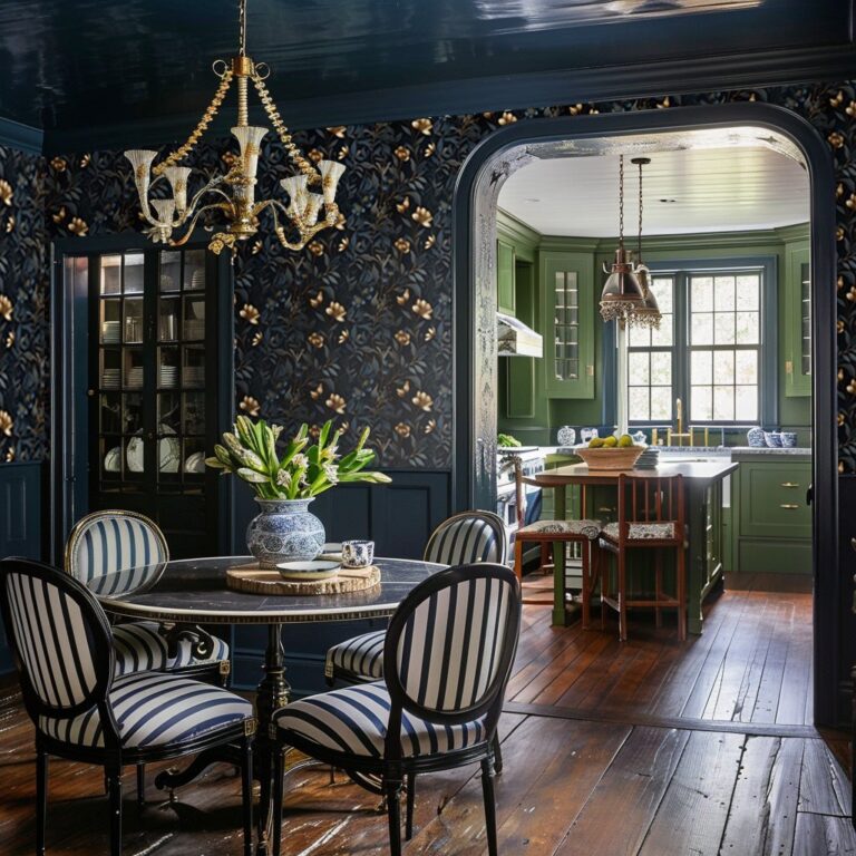 navy wallpaper from Painted Paper and navy trim in dining room