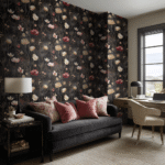 moody dark floral print wallpaper from Painted Paper in home office