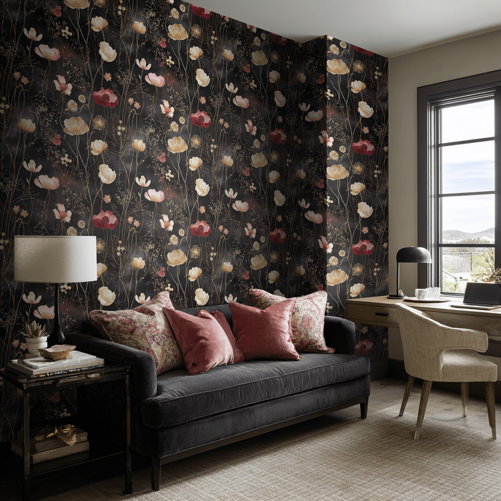 moody dark floral print wallpaper from Painted Paper in home office