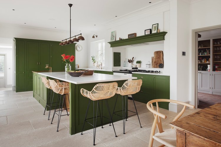 moss green accents in kitchen