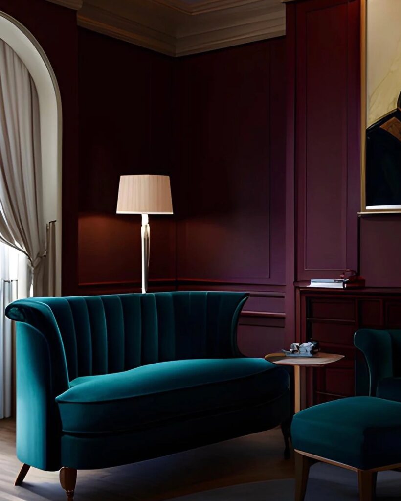 oxblood painted walls and teal sofa