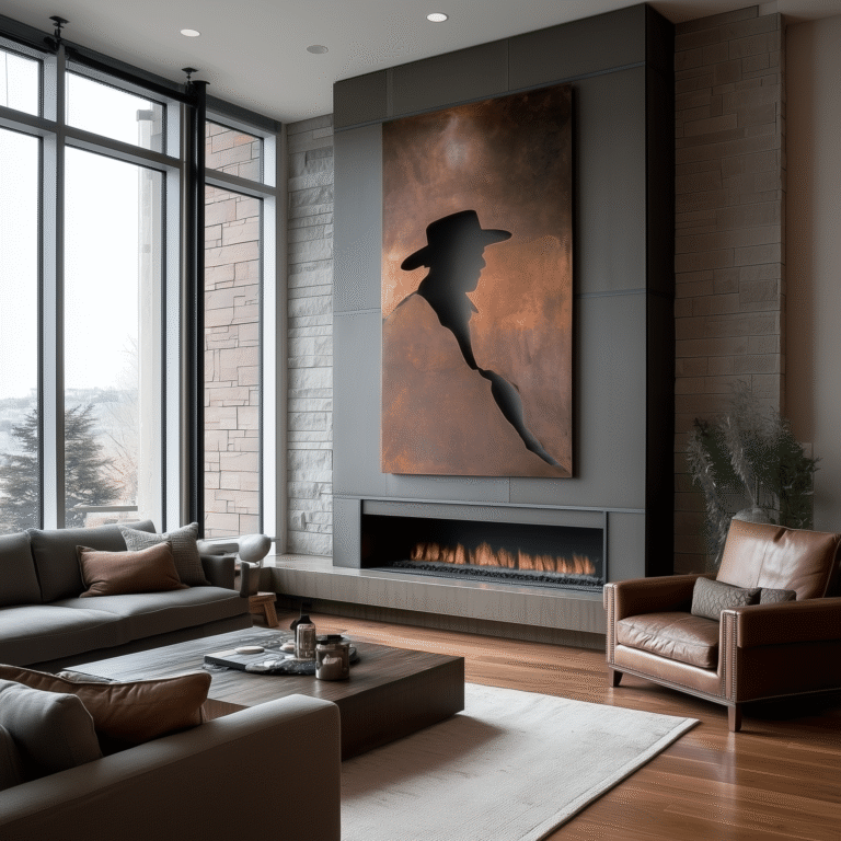 metal art hanging over modern fire place