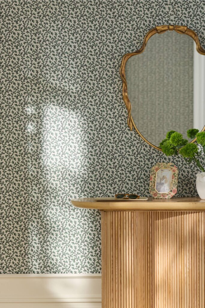 green vine wallpaper in an entry way