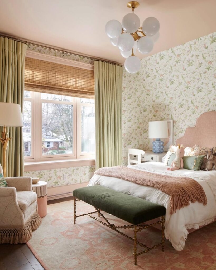 green and dusty pink bedroom