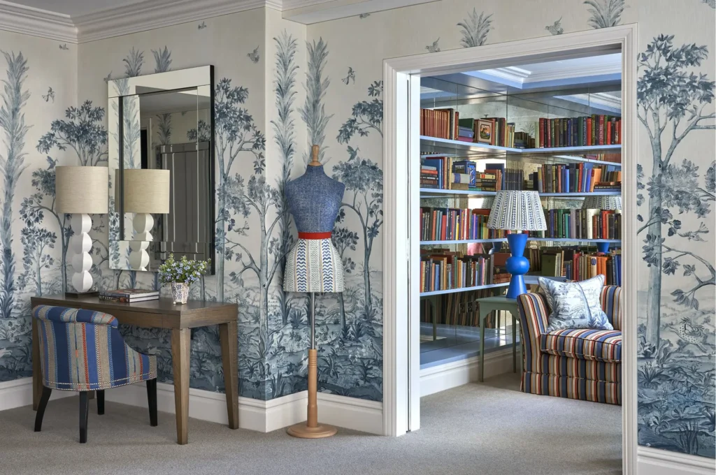 Blue and white wallpapered guest room at the Ham Yard Hotel in London, England