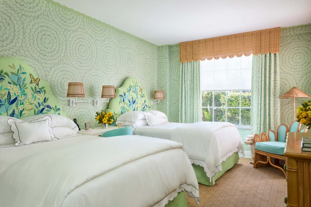 green wallpaper guest room at The colony Hotel in Palm Beach
