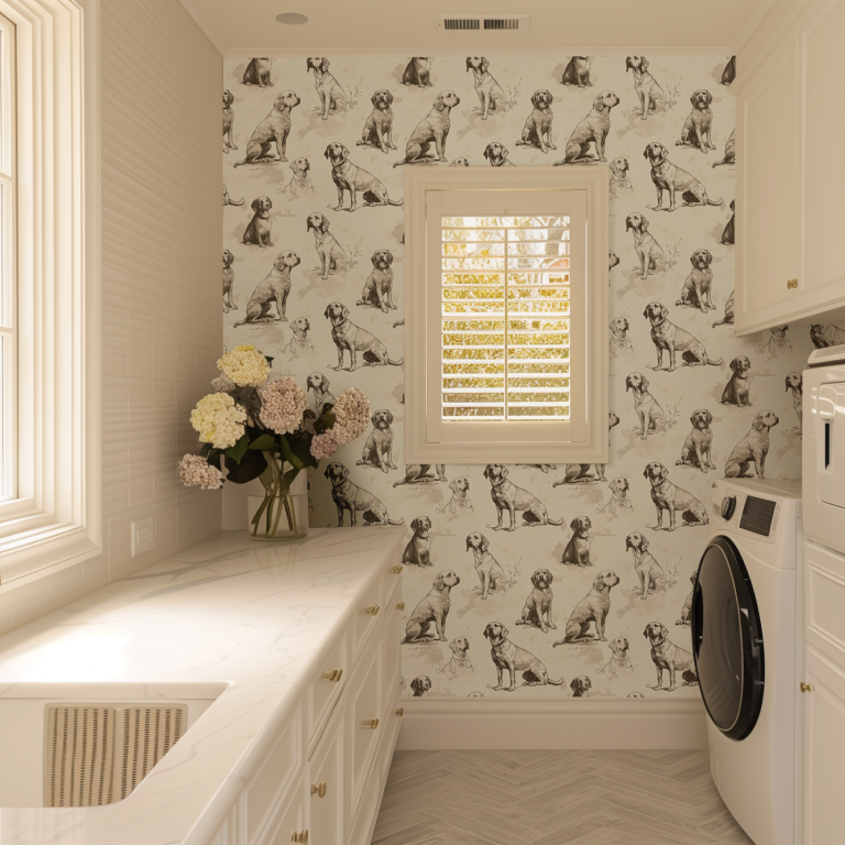 dog wallpaper in white laundry room