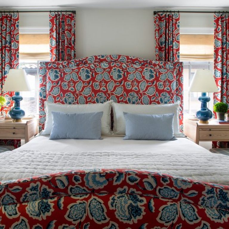 red and pale blue floral bedroom
