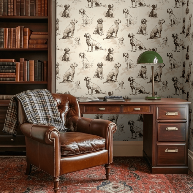 Painted Paper's country companions dog wallpaper in a home office